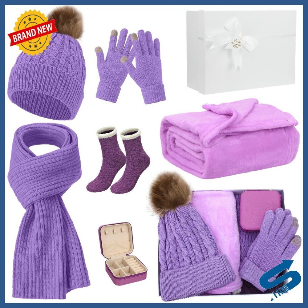 7-Piece Winter Gift Set Hat Scarf Gloves Blanket Socks Jewelry Box